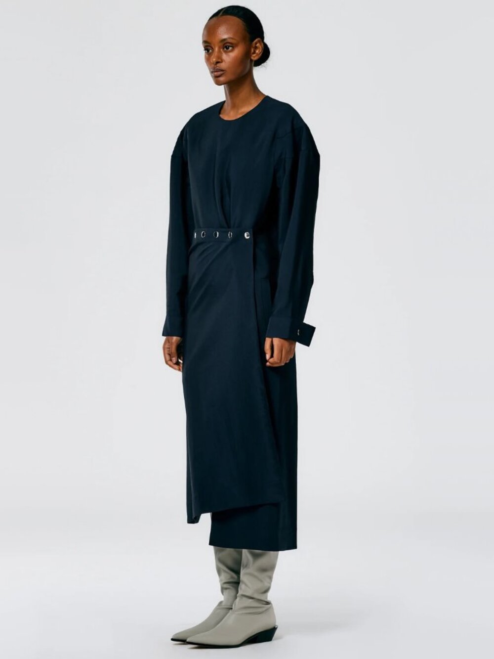 Tibi Viscose Plainweave Asymmetric Flap Snap Dress in Navy, size 12 - Picture 2 of 11